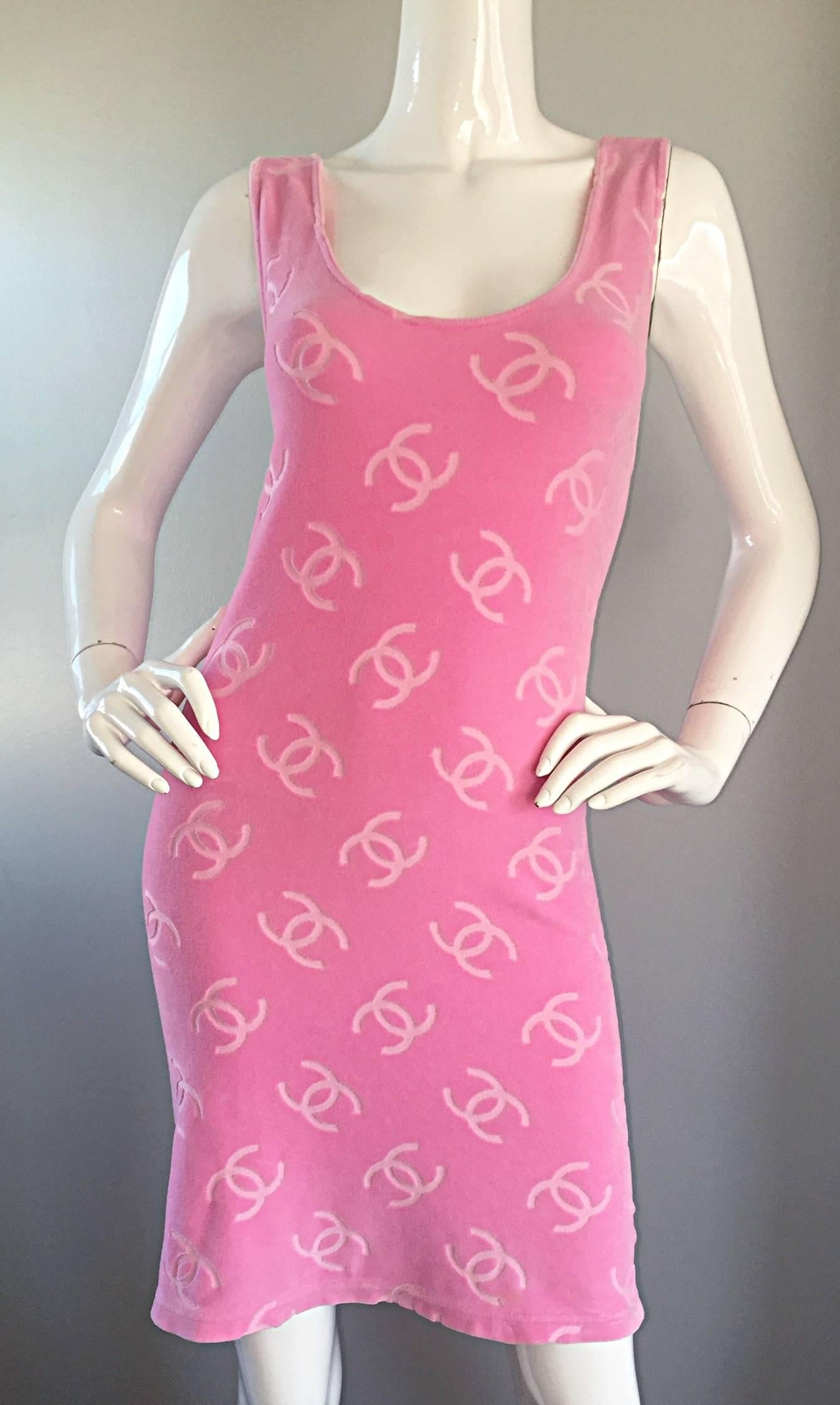 Women's Rare Vintage Chanel 96P Bubblegum Pink Terry Cloth Logo 1990s Sleeveless Dress