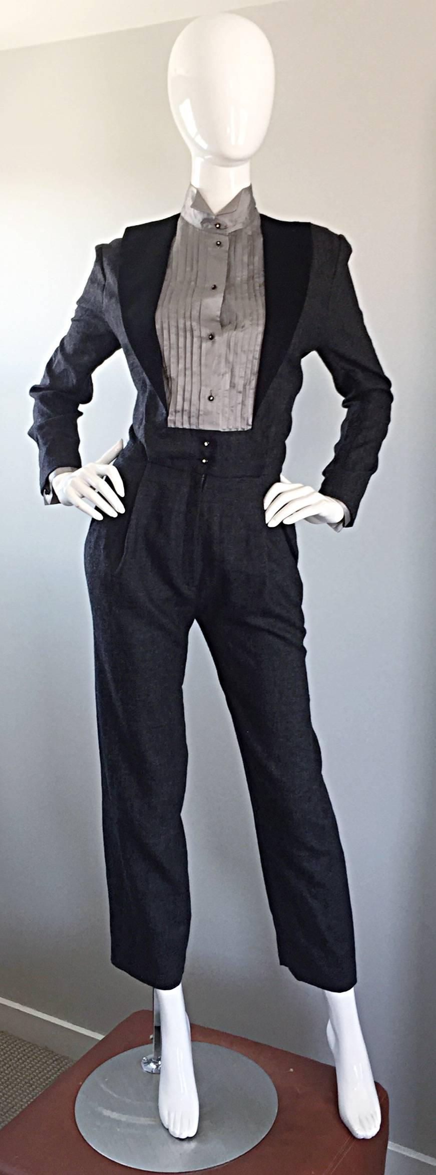 Incredible and rare early 80s vintage ALBERTA FERRETTI charcoal gray jumpsuit, from one of Ferretti's first collections! Lightweight soft gray wool, with an attached light gray silk tuxedo shirt. Wonderful flattering fit, with art eye to the