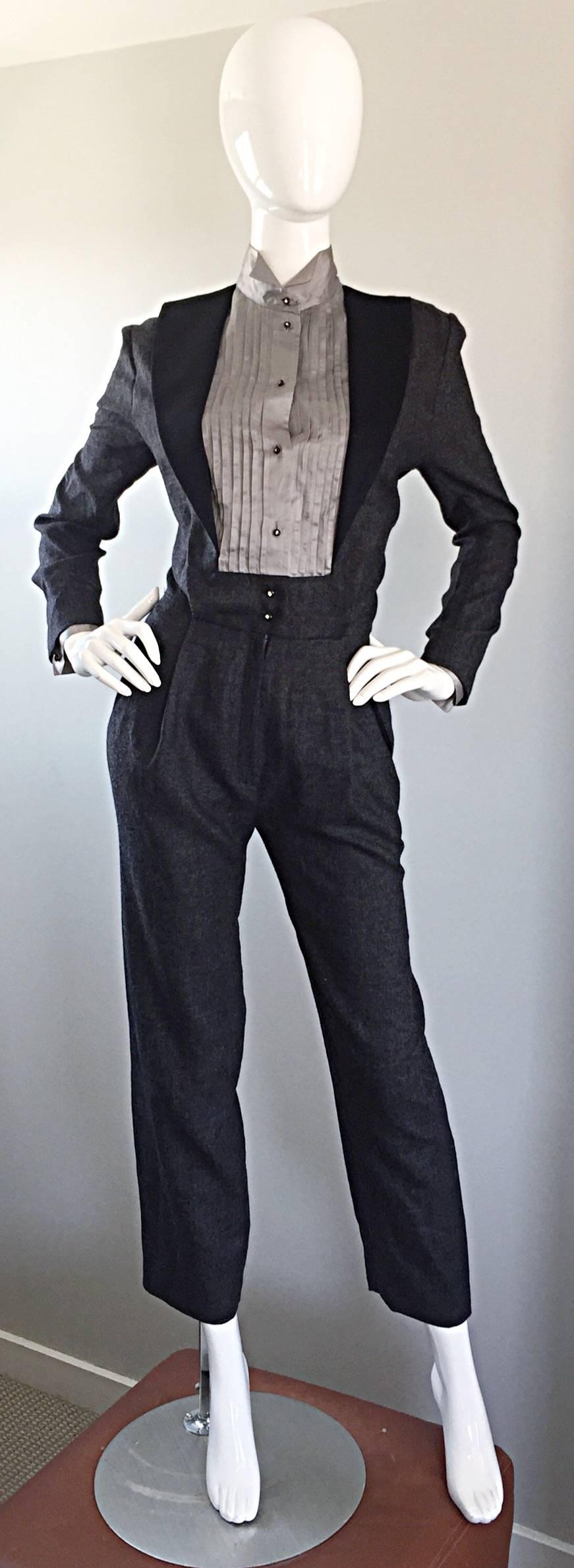 Alberta Ferretti 80s Early Vintage Charcoal Gray Vintage Tuxedo Jumpsuit Onesie For Sale 2