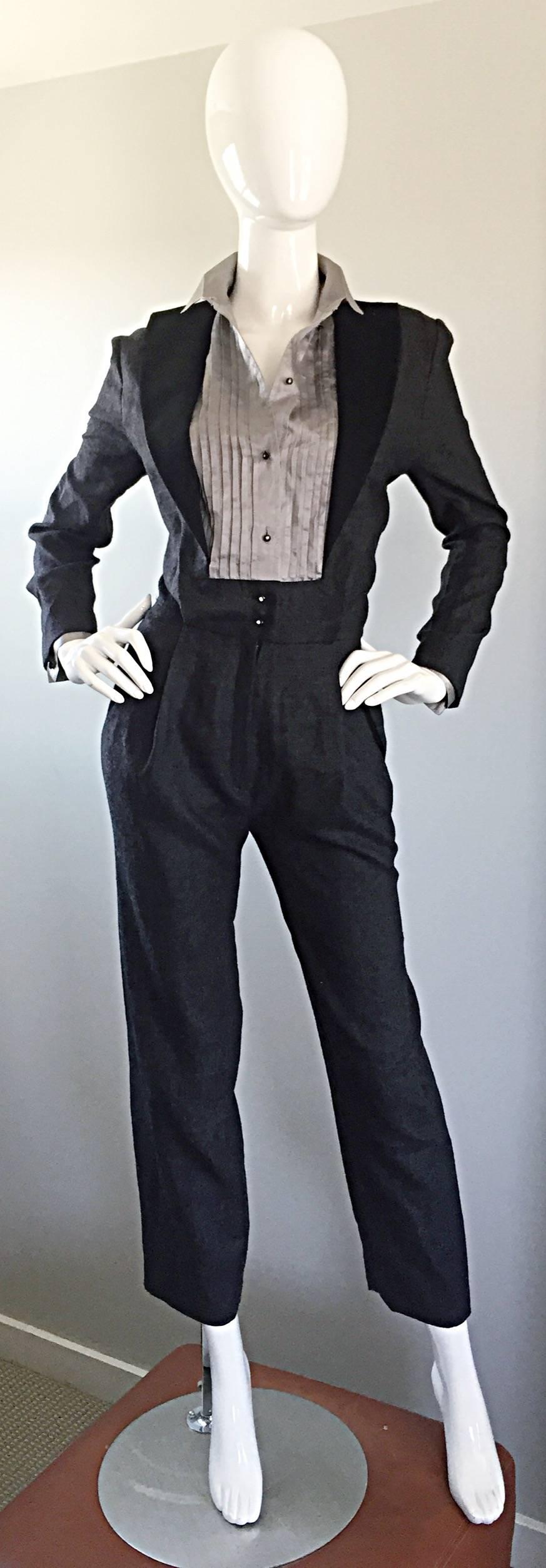Gris Alberta Ferretti 80s Early Vintage Charcoal Gray Vintage Tuxedo Jumpsuit Onesie en vente