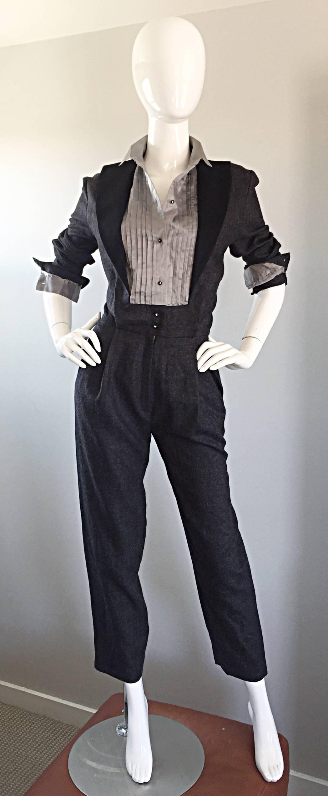 Alberta Ferretti 80s Early Vintage Charcoal Gray Vintage Tuxedo Jumpsuit Onesie In Excellent Condition For Sale In San Diego, CA