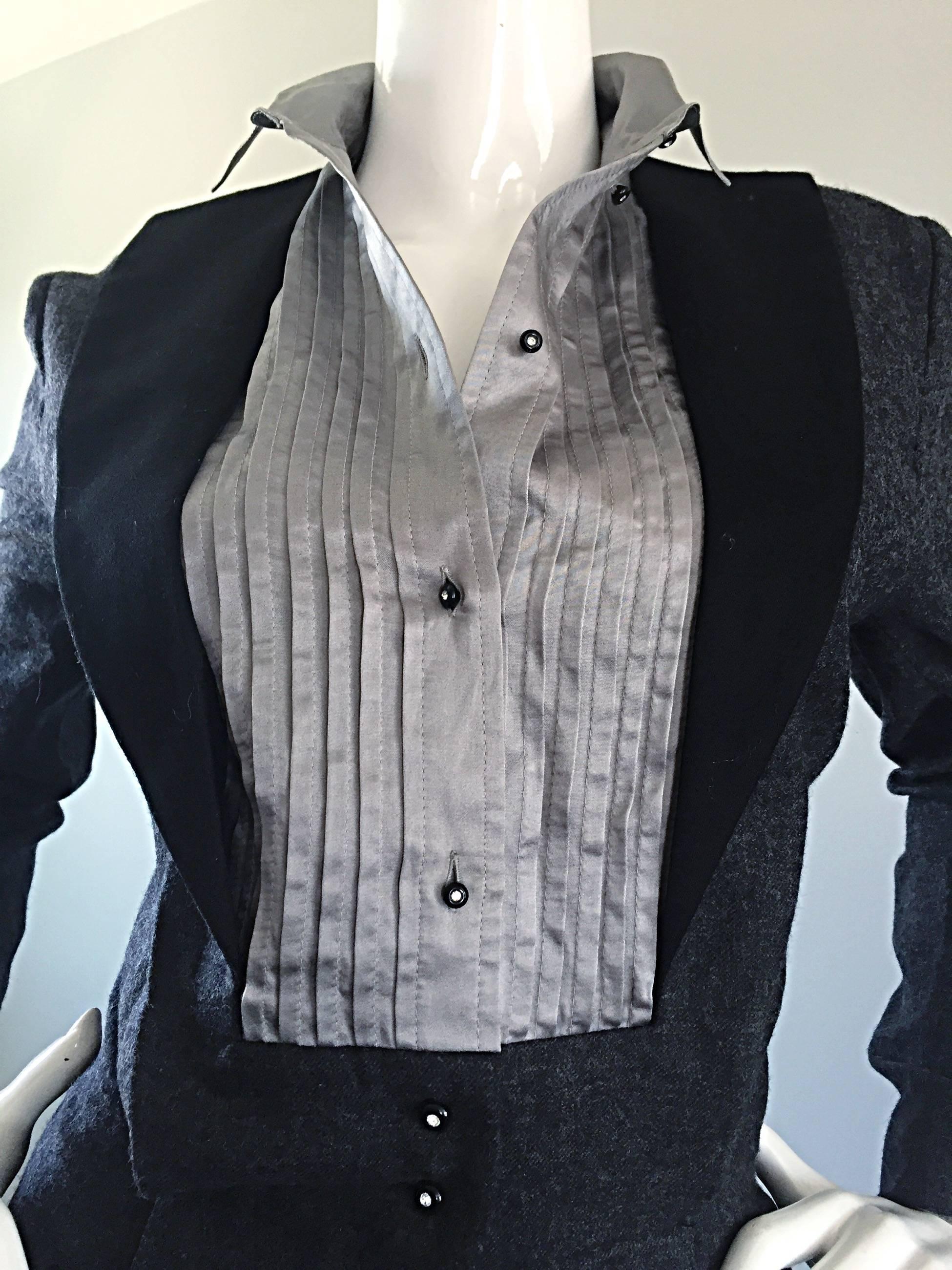 Alberta Ferretti 80s Early Vintage Charcoal Gray Vintage Tuxedo Jumpsuit Onesie Excellent état - En vente à San Diego, CA
