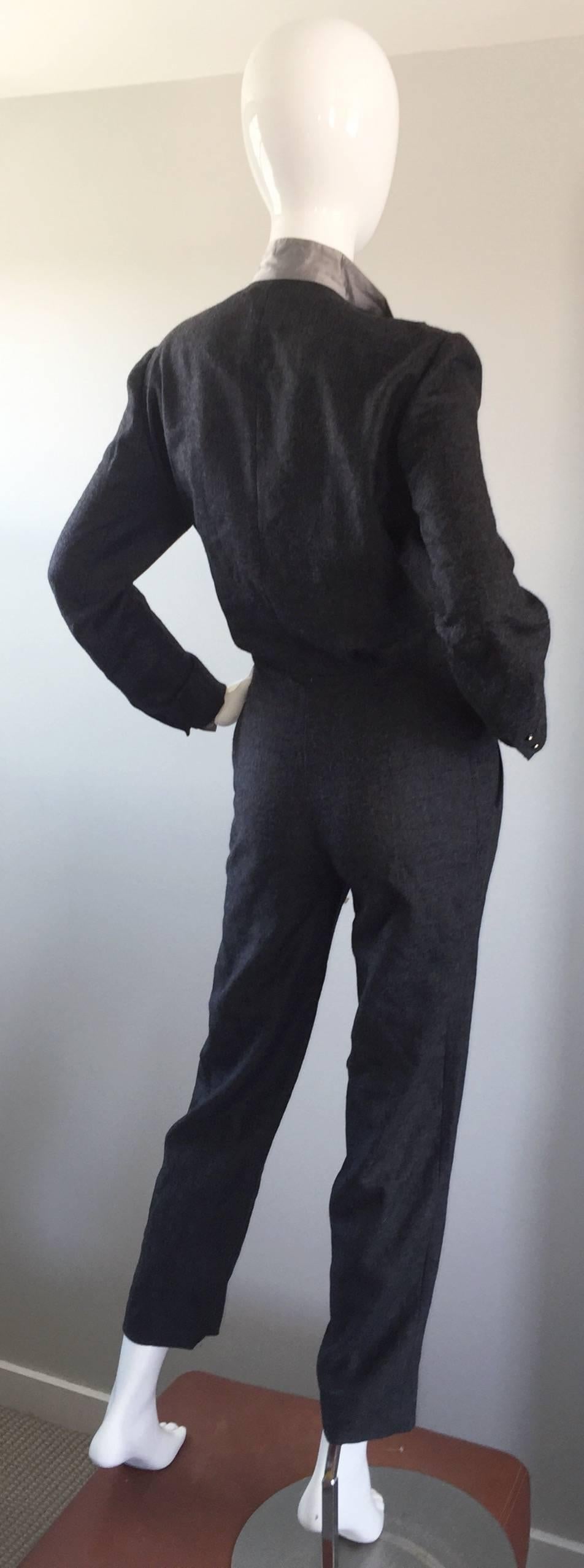 Alberta Ferretti 80s Early Vintage Charcoal Gray Vintage Tuxedo Jumpsuit Onesie en vente 3