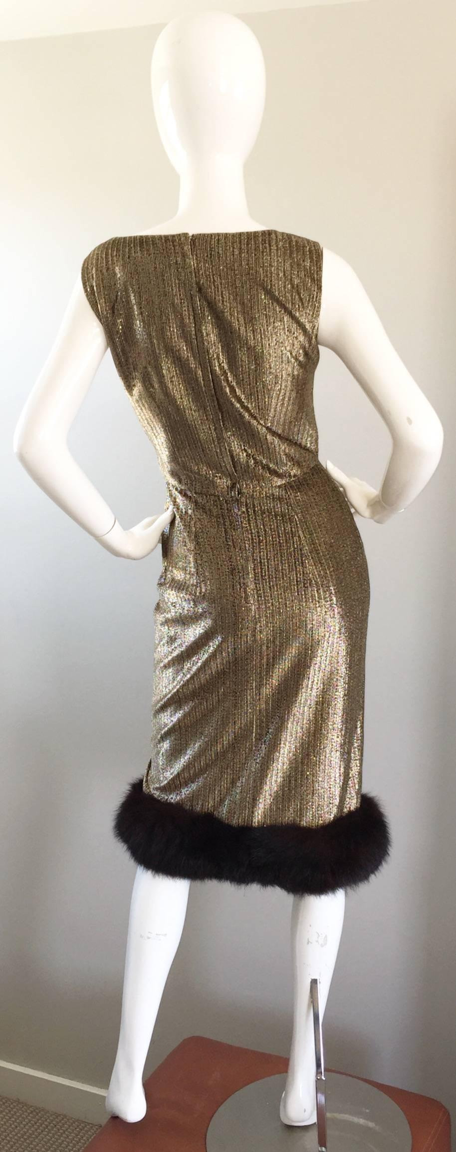 Women's Amazing 1960s Jay Herbert Gold Silk Lurex Mink Vintage Sleveless Cocktail Dress For Sale