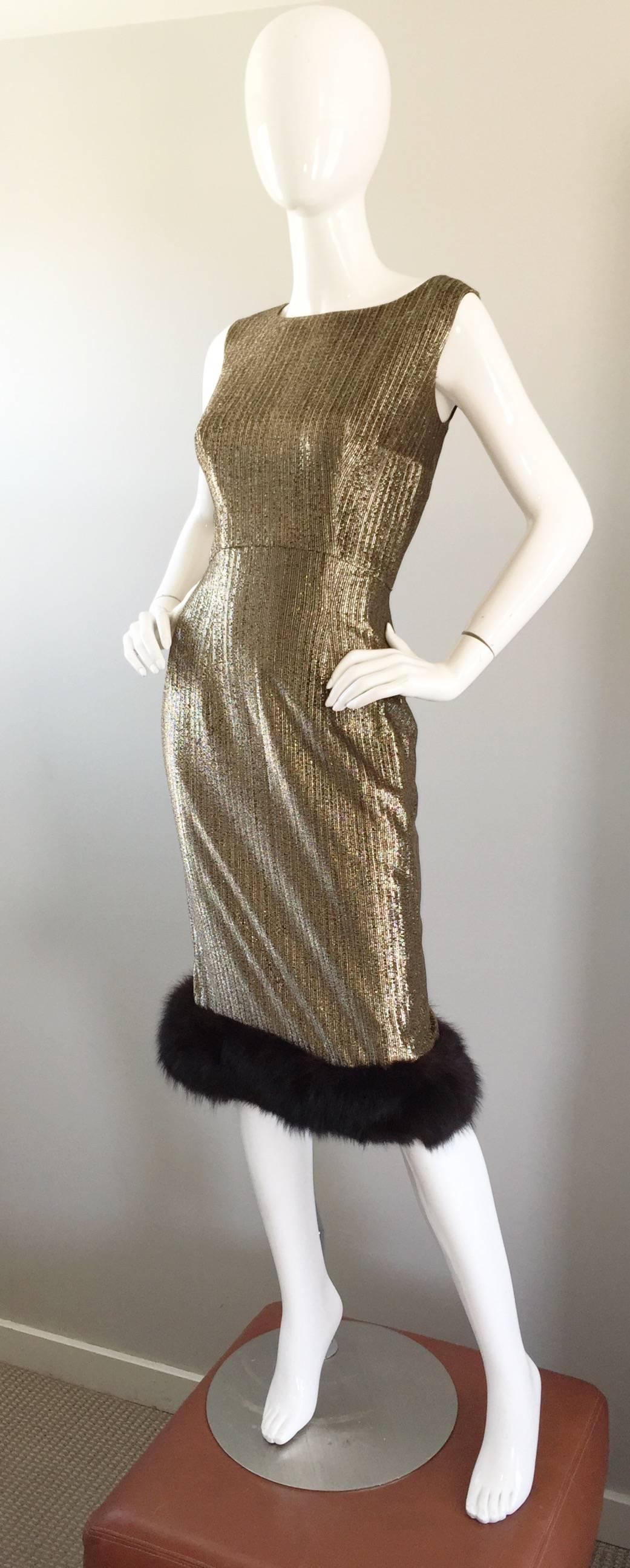 Amazing 1960s Jay Herbert Gold Silk Lurex Mink Vintage Sleveless Cocktail Dress For Sale 2