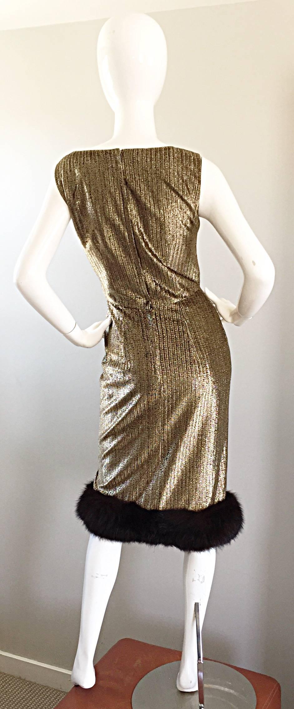 Amazing 1960s Jay Herbert Gold Silk Lurex Mink Vintage Sleveless Cocktail Dress For Sale 3