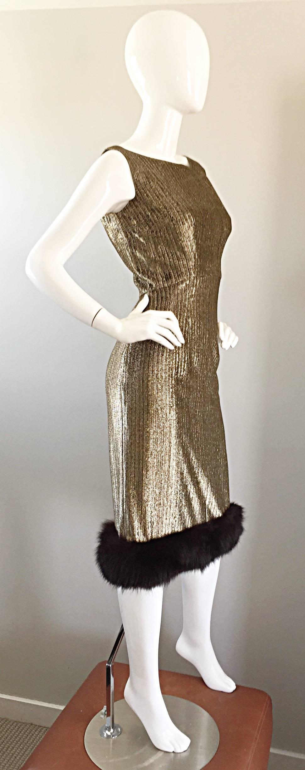 Brown Amazing 1960s Jay Herbert Gold Silk Lurex Mink Vintage Sleveless Cocktail Dress For Sale