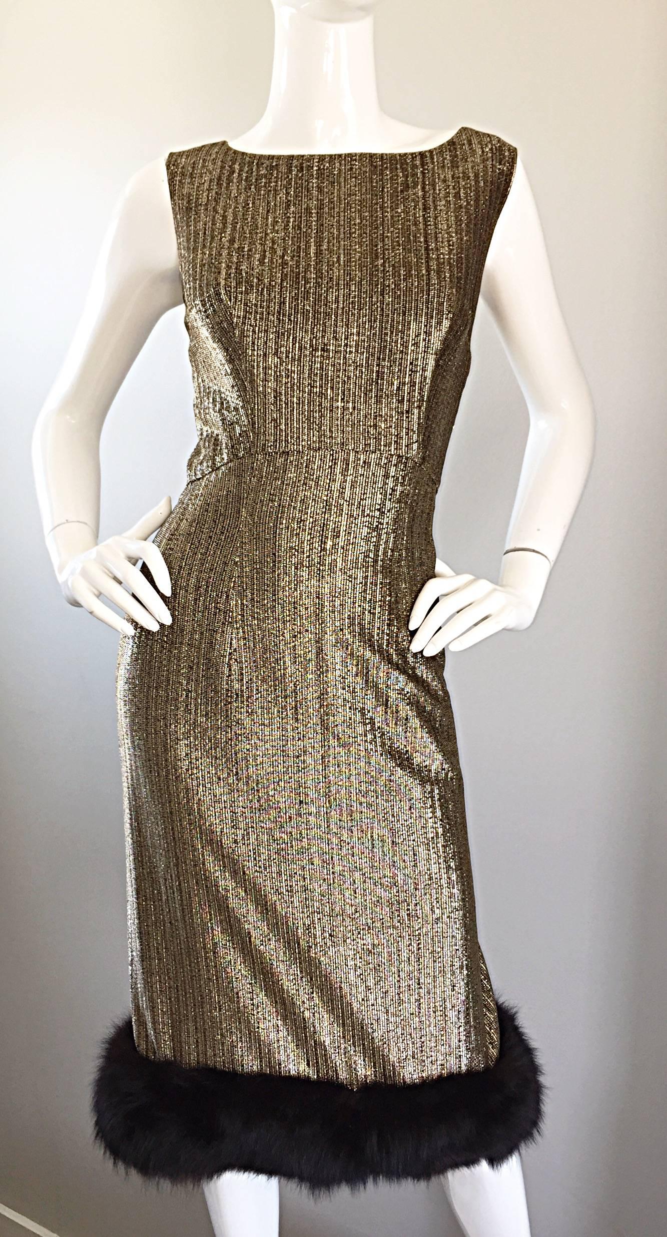 Amazing 1960s Jay Herbert Gold Silk Lurex Mink Vintage Sleveless Cocktail Dress In Excellent Condition For Sale In San Diego, CA