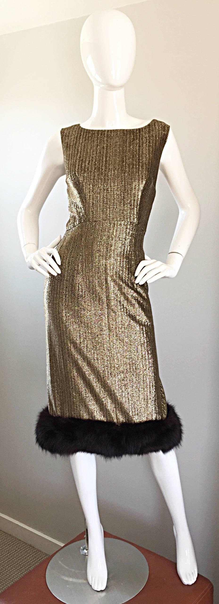 Amazing 1960s Jay Herbert Gold Silk Lurex Mink Vintage Sleveless Cocktail Dress For Sale 4