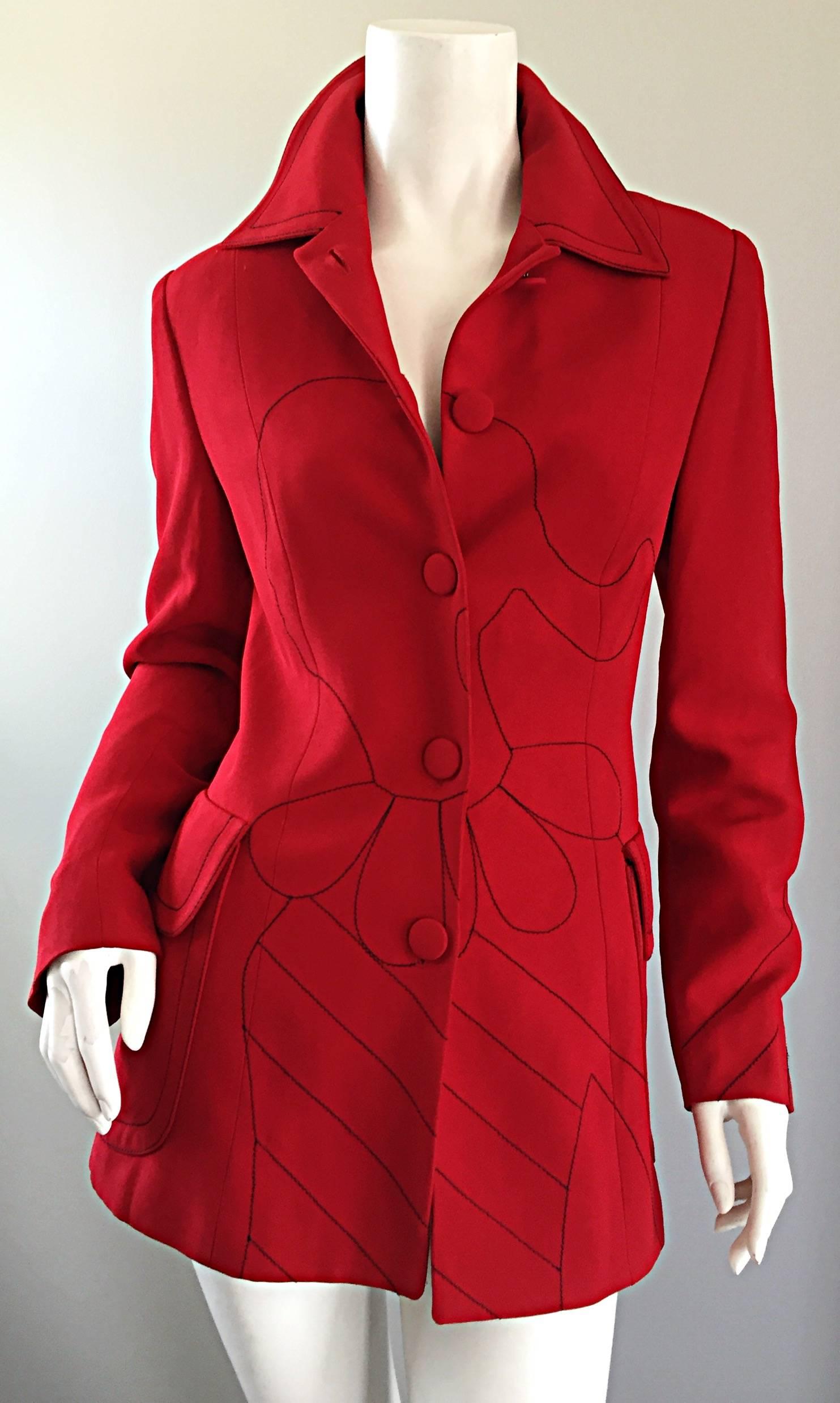 Rare 90s MOSCHINO 'Cheap and Chic' lipstick red blazer! Features an embroidered silhouette of Olive Oyl (Popeye's wife) on the front, and the word 