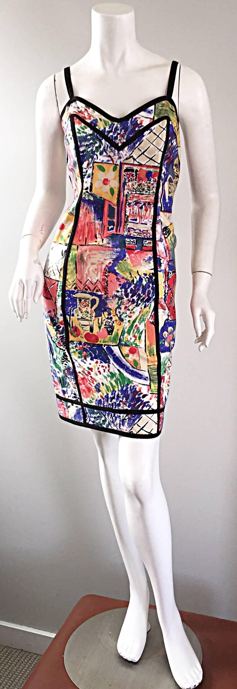 Statement worthy rare vintage 90s JAN BARBOGLIO handpainted cotton dress! Wonderful constructed, with a heavy eye to details. Fully hand painted! Boned bodice is very flattering, and keeps everything in place. Adjustable straps can be made shorter