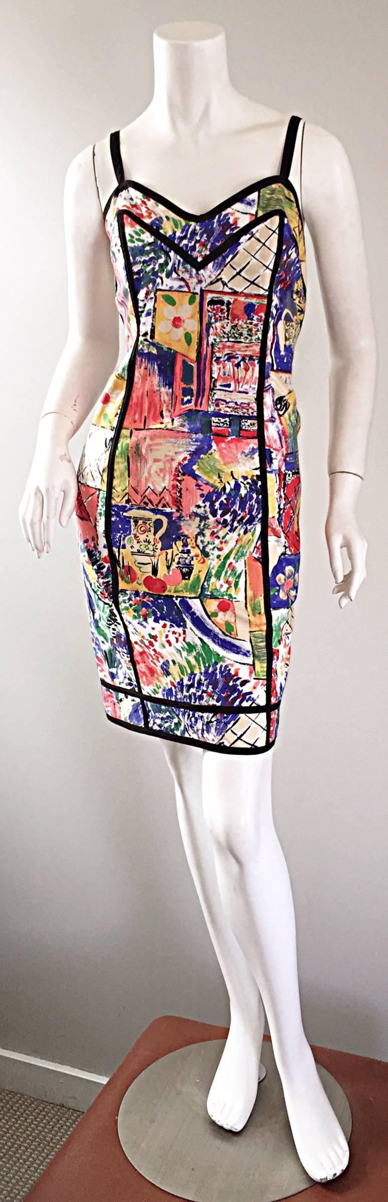 1990s Jan Barboglio Hand Painted Watercolor Vintage Cotton Novelty Dress 1