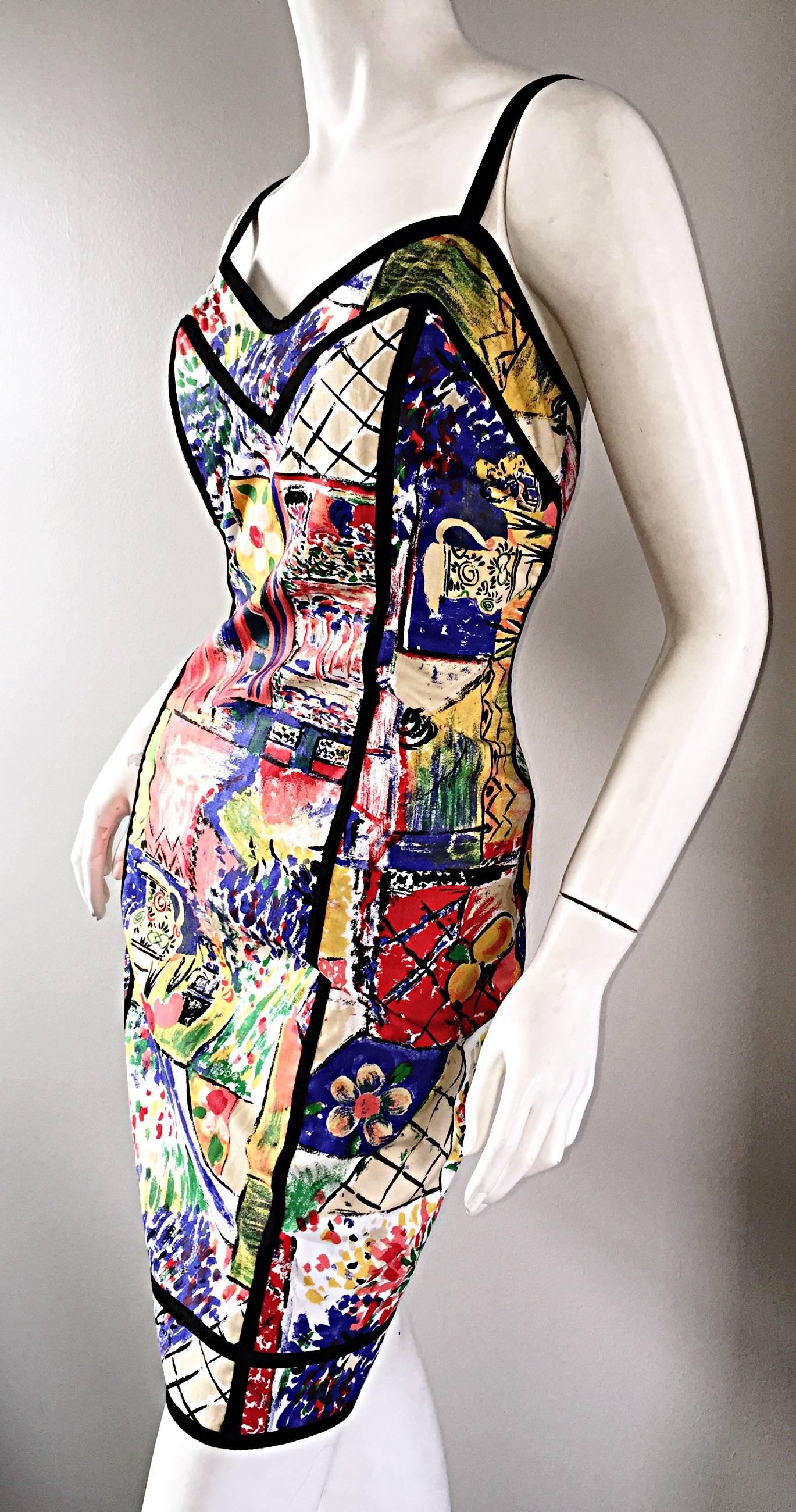 Women's 1990s Jan Barboglio Hand Painted Watercolor Vintage Cotton Novelty Dress