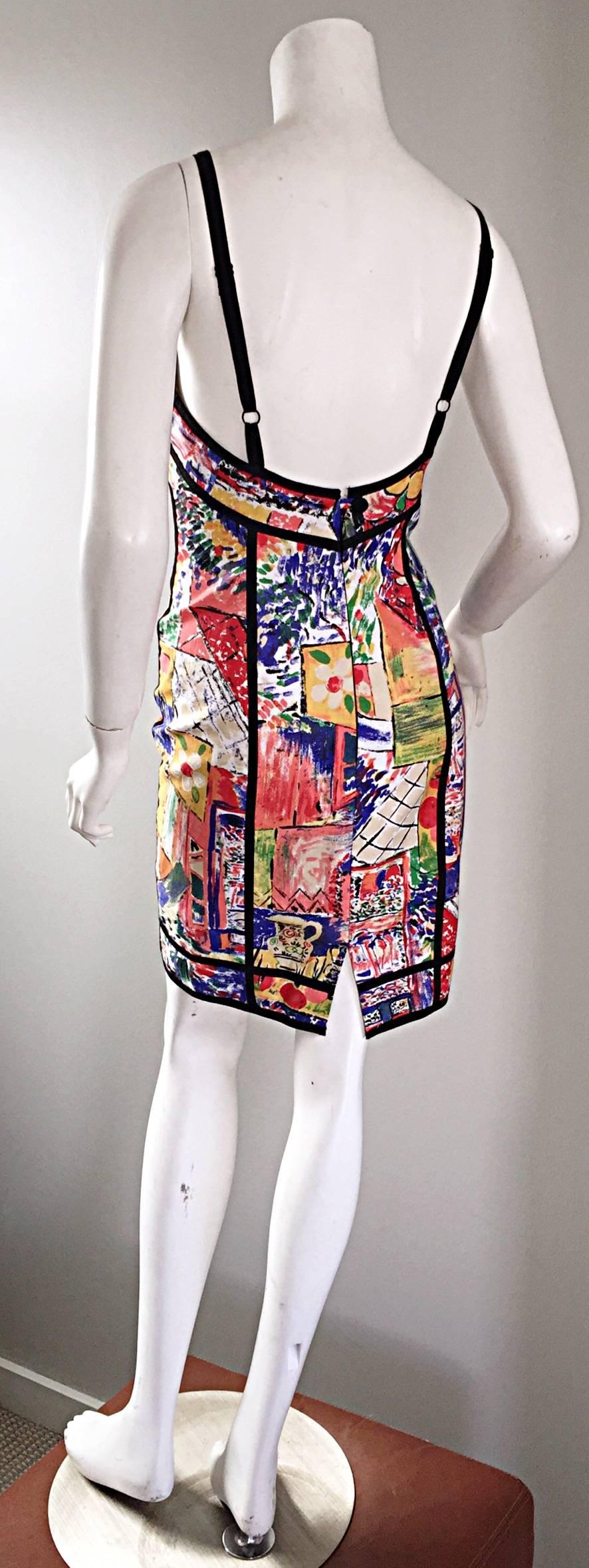 1990s Jan Barboglio Hand Painted Watercolor Vintage Cotton Novelty Dress In Excellent Condition In San Diego, CA