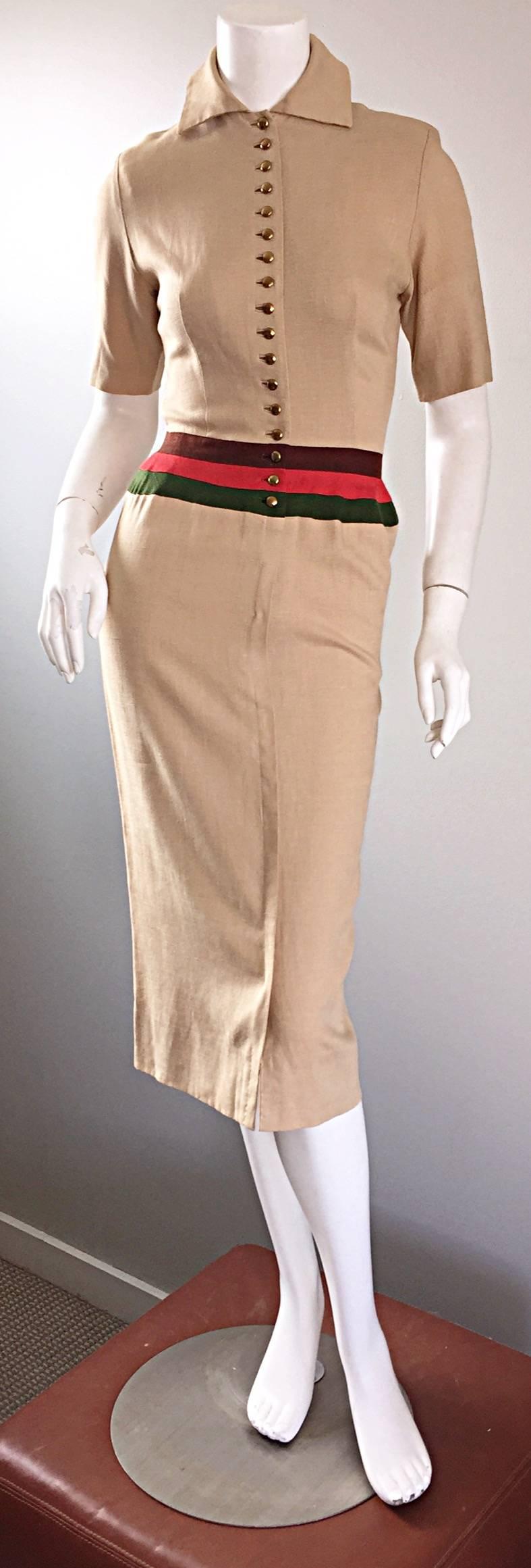 Women's Rare 1950s Charles Cooper for Neiman Marcus Tan Linen Striped Wiggle Dress