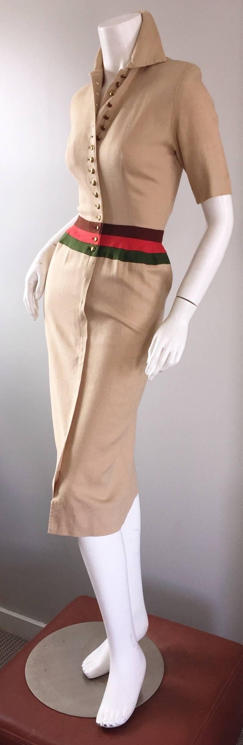 Brown Rare 1950s Charles Cooper for Neiman Marcus Tan Linen Striped Wiggle Dress