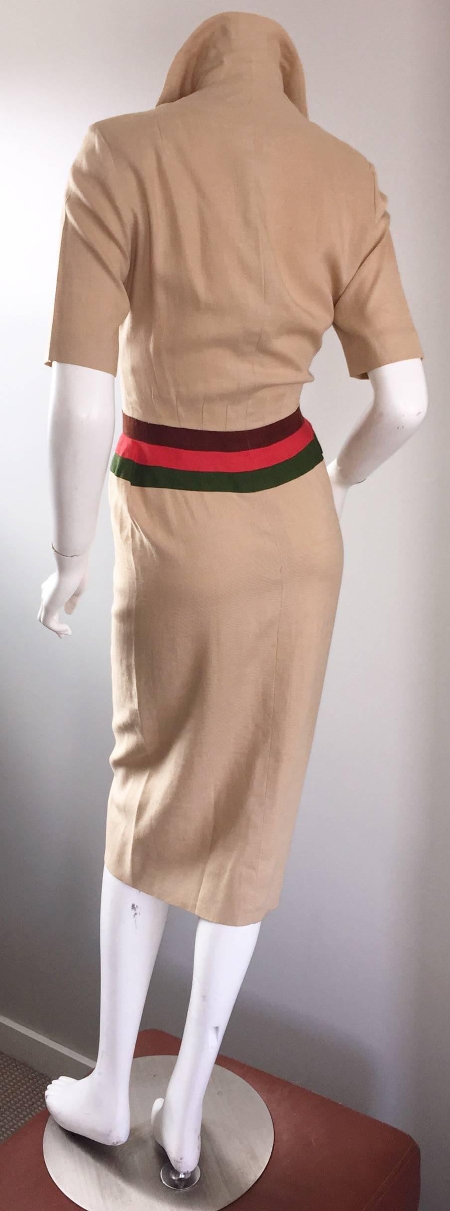 Rare 1950s Charles Cooper for Neiman Marcus Tan Linen Striped Wiggle Dress In Excellent Condition In San Diego, CA