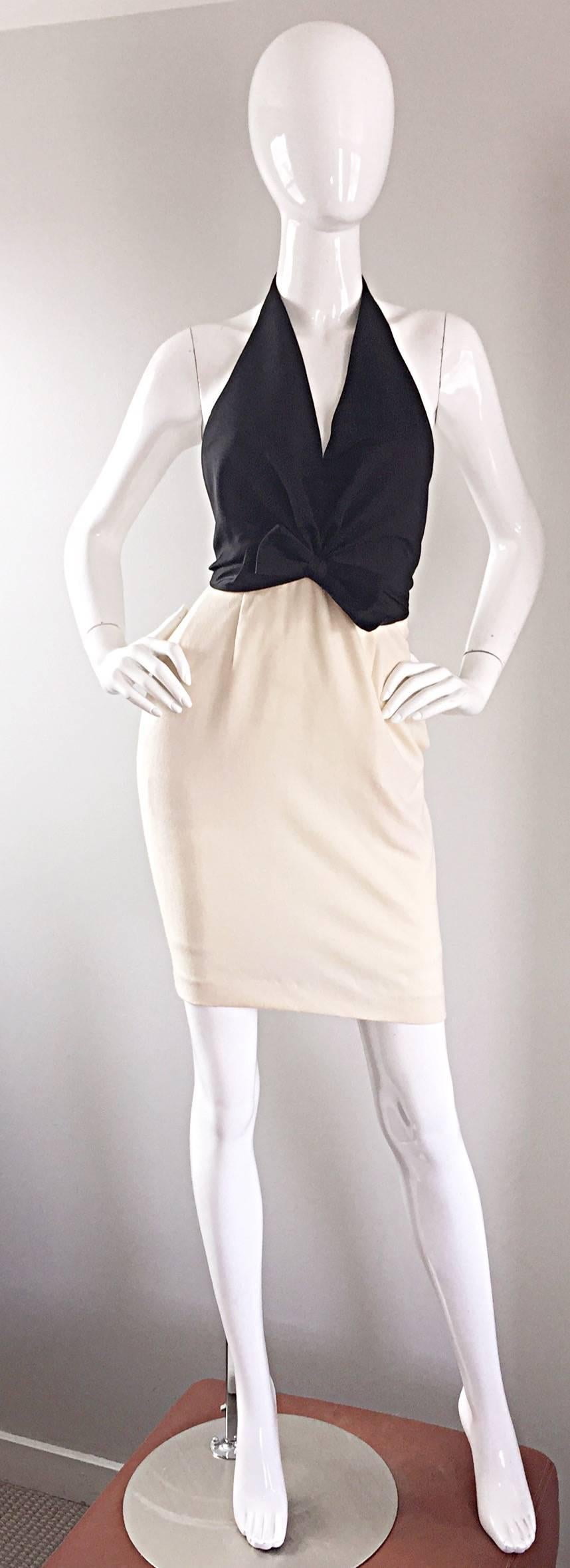 Sexy vintage 1990s / 90s BILL BLASS black and ivory halter dress! Flattering black silk halter top with an asymmetrical bow at the waist. Lightweight ivory wool skirt. I cannot even begin to describe how amazing this dress is in person, and on! Open