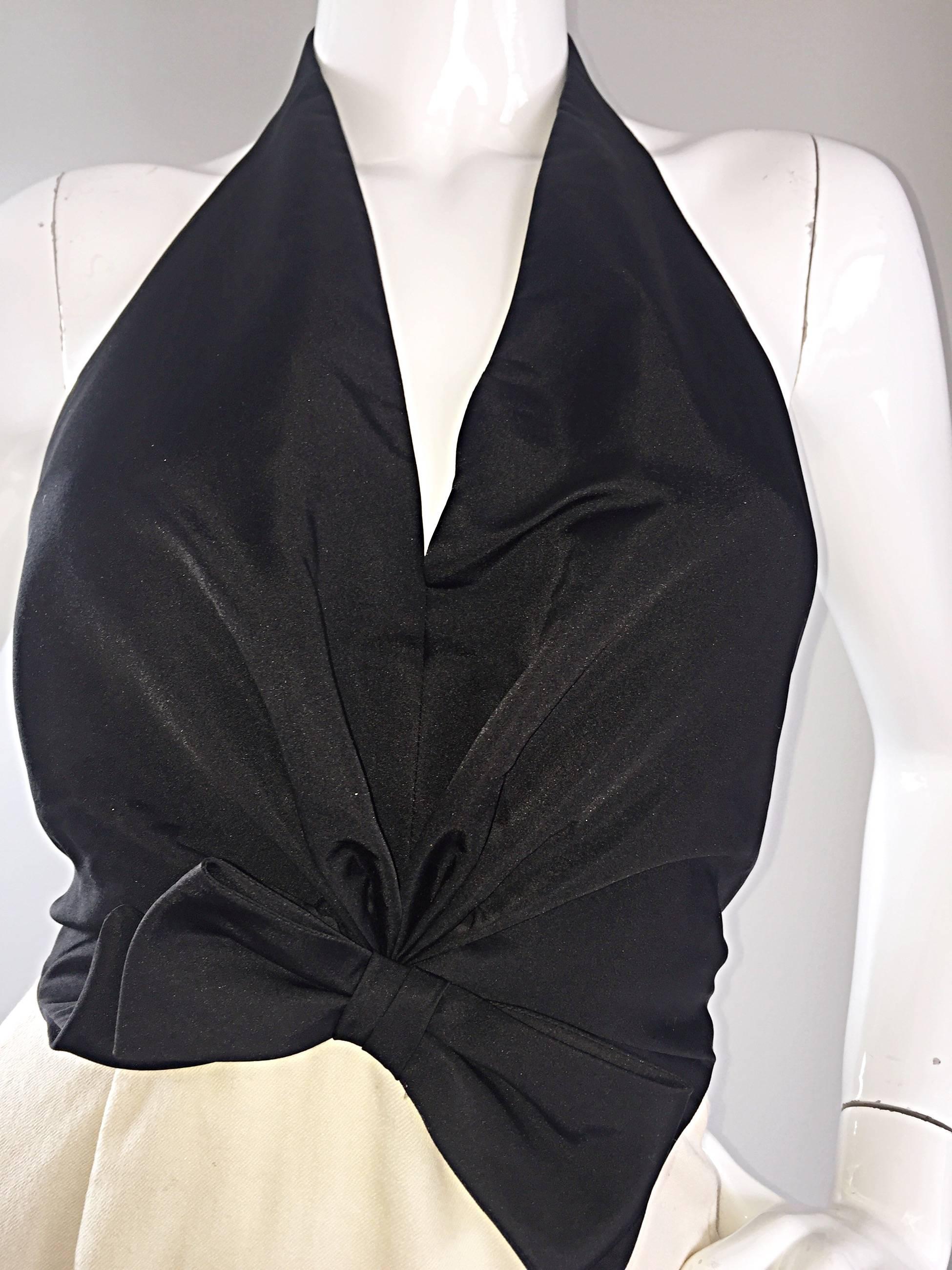 Vintage Bill Blass Black + Ivory Size 2 Sexy Open Back Halter Cocktail Dress 1