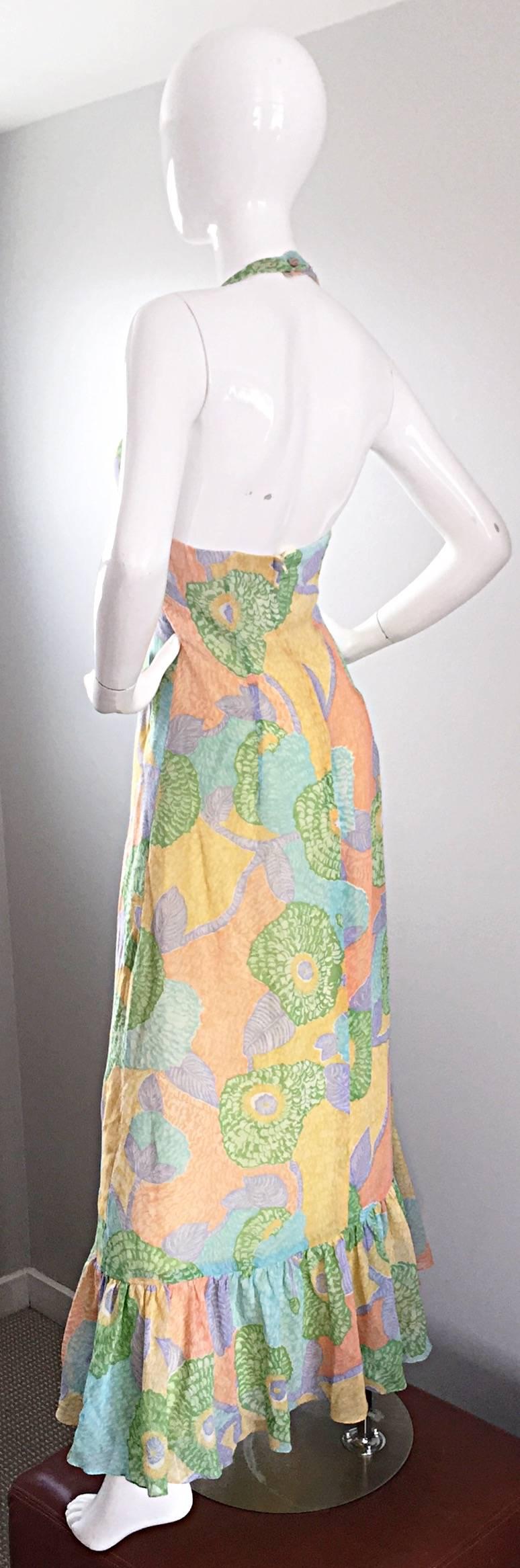 Fabulous 1970s Elliette Lewis Colorful Flower Cotton Voile 70s Halter Maxi Dress In Excellent Condition In San Diego, CA