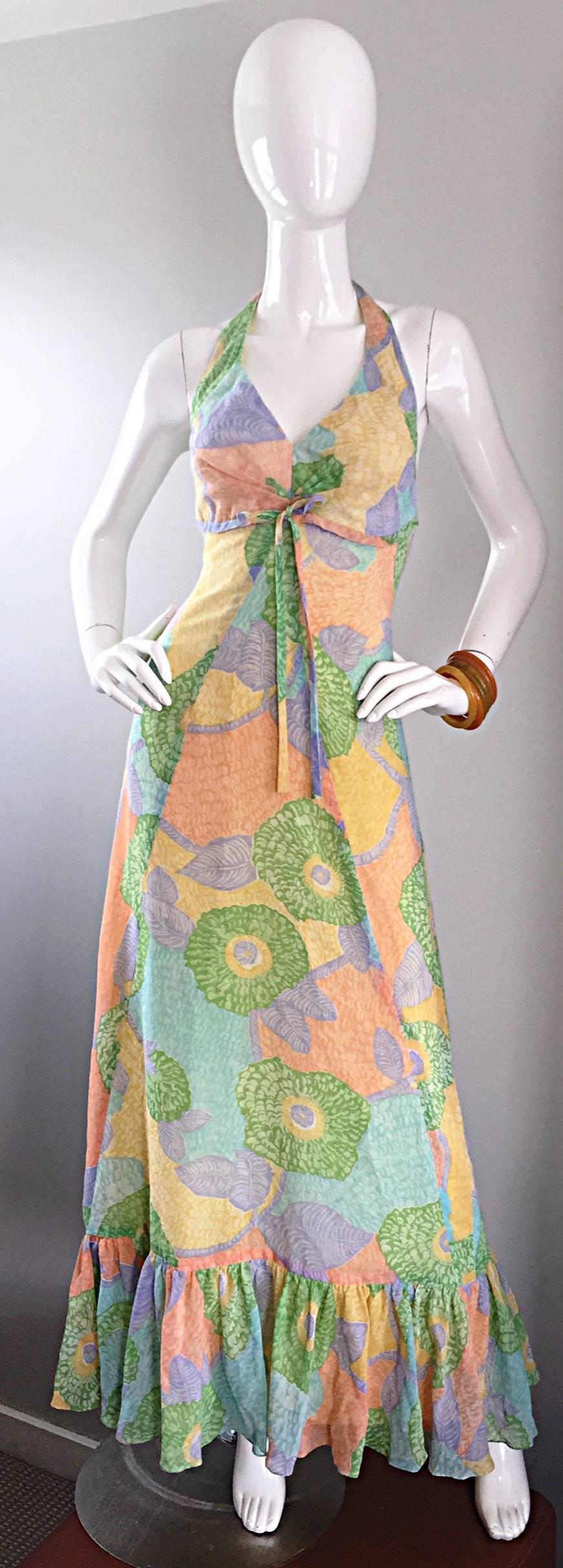 Fabulous 1970s Elliette Lewis Colorful Flower Cotton Voile 70s Halter Maxi Dress 4