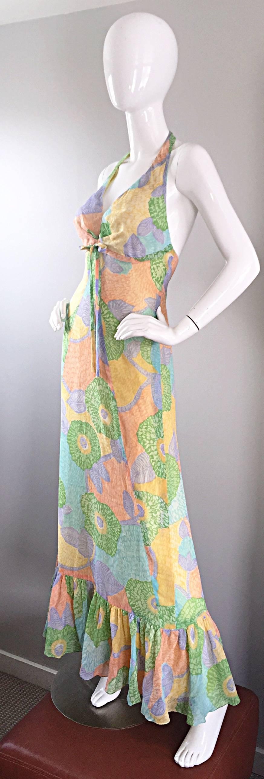 Fabulous 1970s Elliette Lewis Colorful Flower Cotton Voile 70s Halter Maxi Dress 2