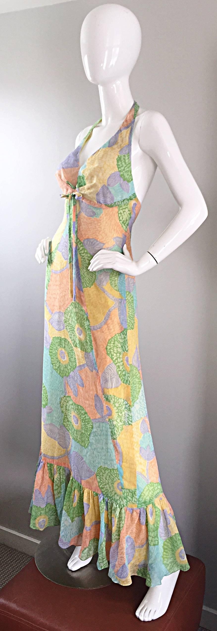 Beige Fabulous 1970s Elliette Lewis Colorful Flower Cotton Voile 70s Halter Maxi Dress