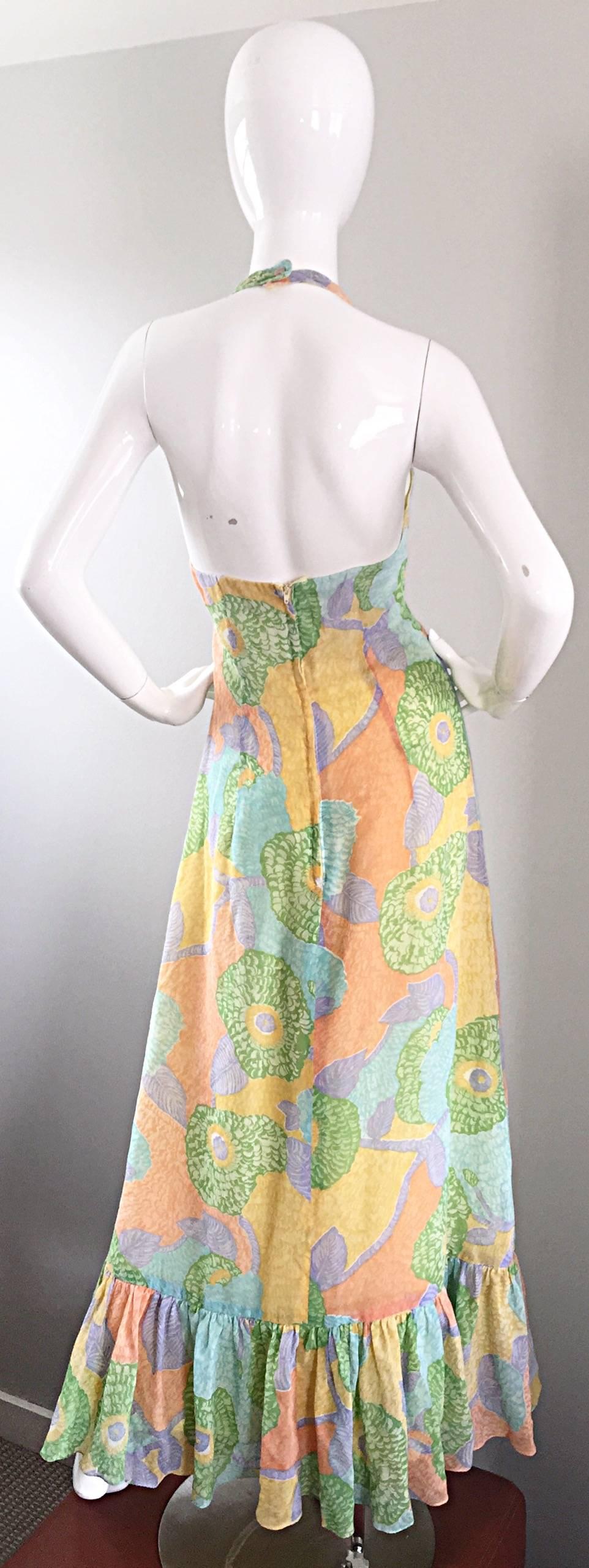 Fabulous 1970s Elliette Lewis Colorful Flower Cotton Voile 70s Halter Maxi Dress 3