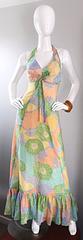 Fabulous 1970s Elliette Lewis Colorful Flower Cotton Voile 70s Halter Maxi Dress