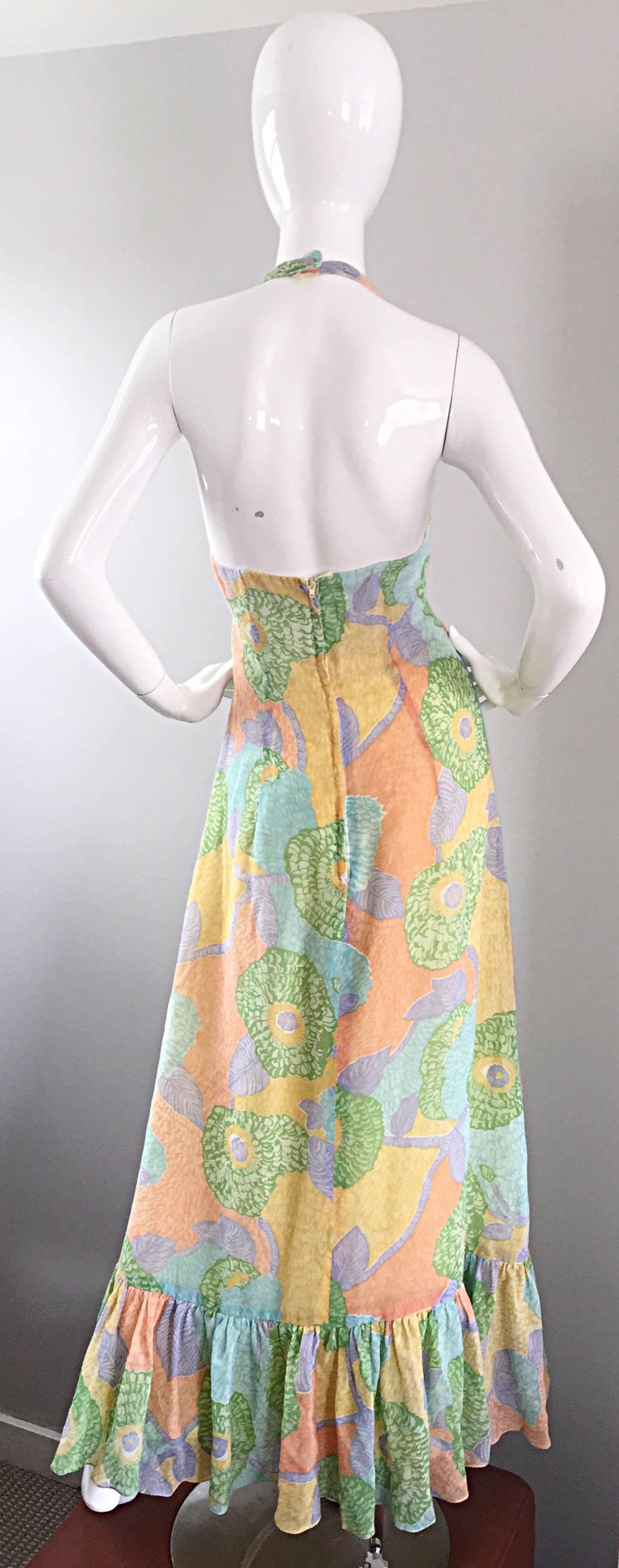 Fabulous 1970s Elliette Lewis Colorful Flower Cotton Voile 70s Halter Maxi Dress 1