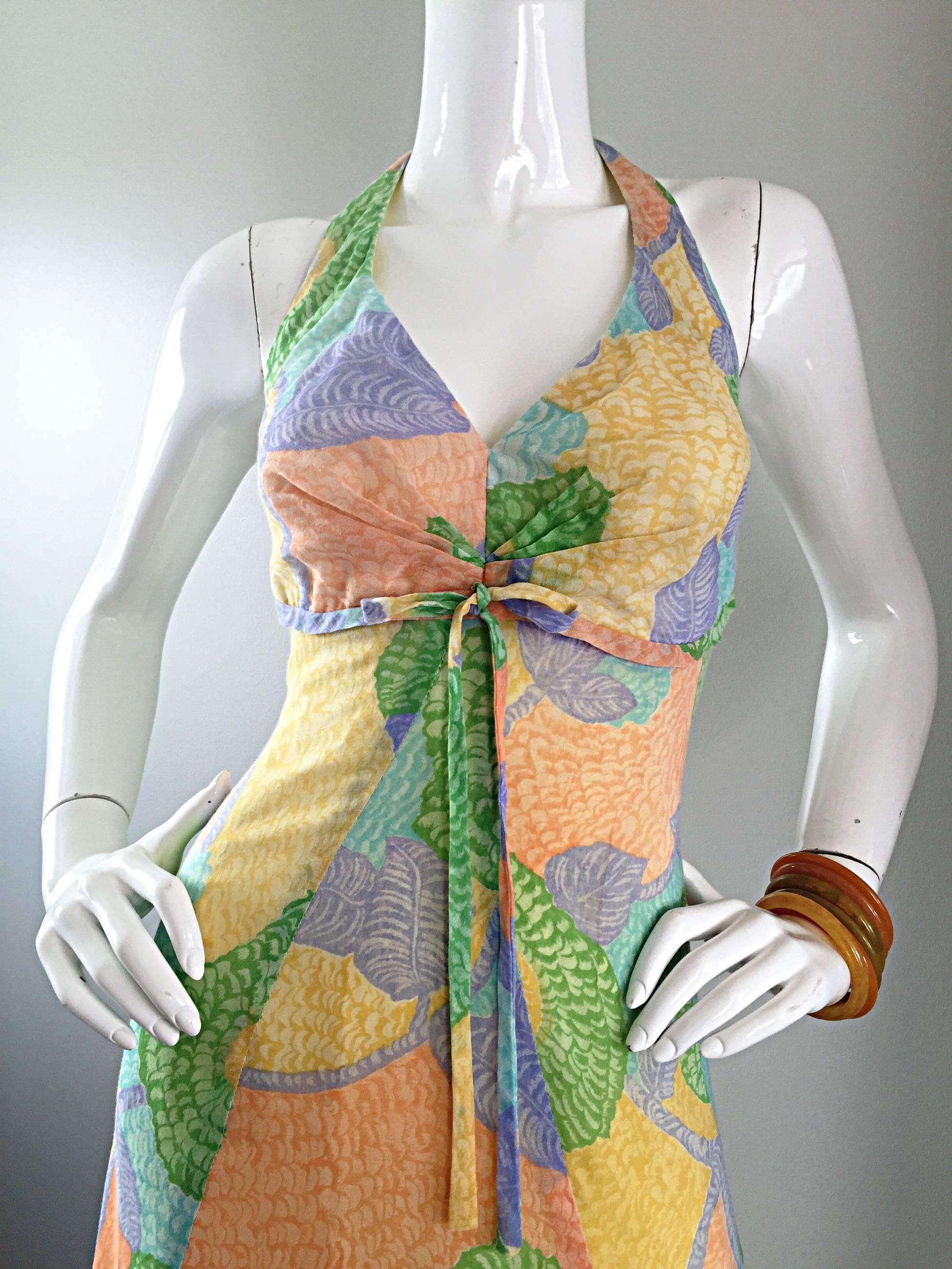 Women's Fabulous 1970s Elliette Lewis Colorful Flower Cotton Voile 70s Halter Maxi Dress