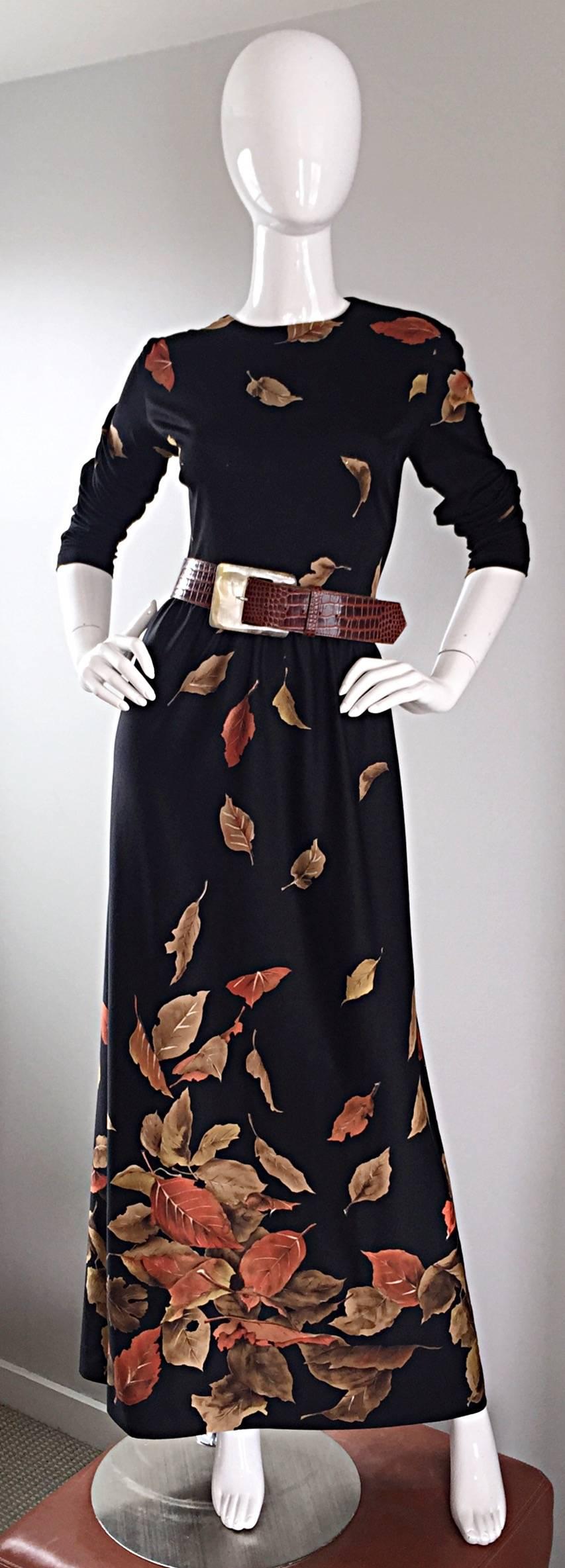 Vintage Yves Jenet 1970s Whimsical 3 D Leaf Printed Long Sleeve 70s Maxi Dress In Excellent Condition In San Diego, CA