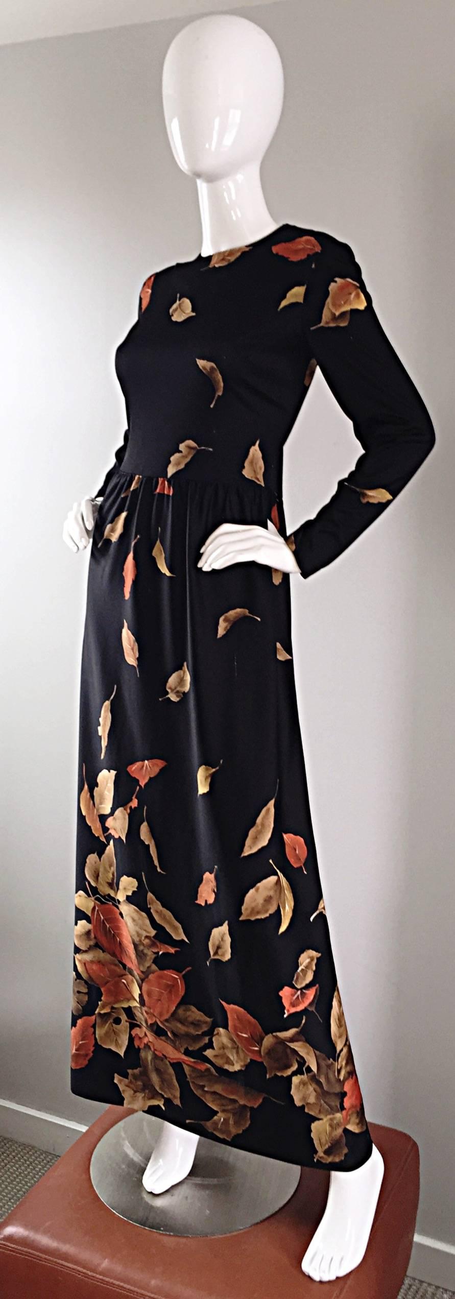 Vintage Yves Jenet 1970s Whimsical 3 D Leaf Printed Long Sleeve 70s Maxi Dress 1