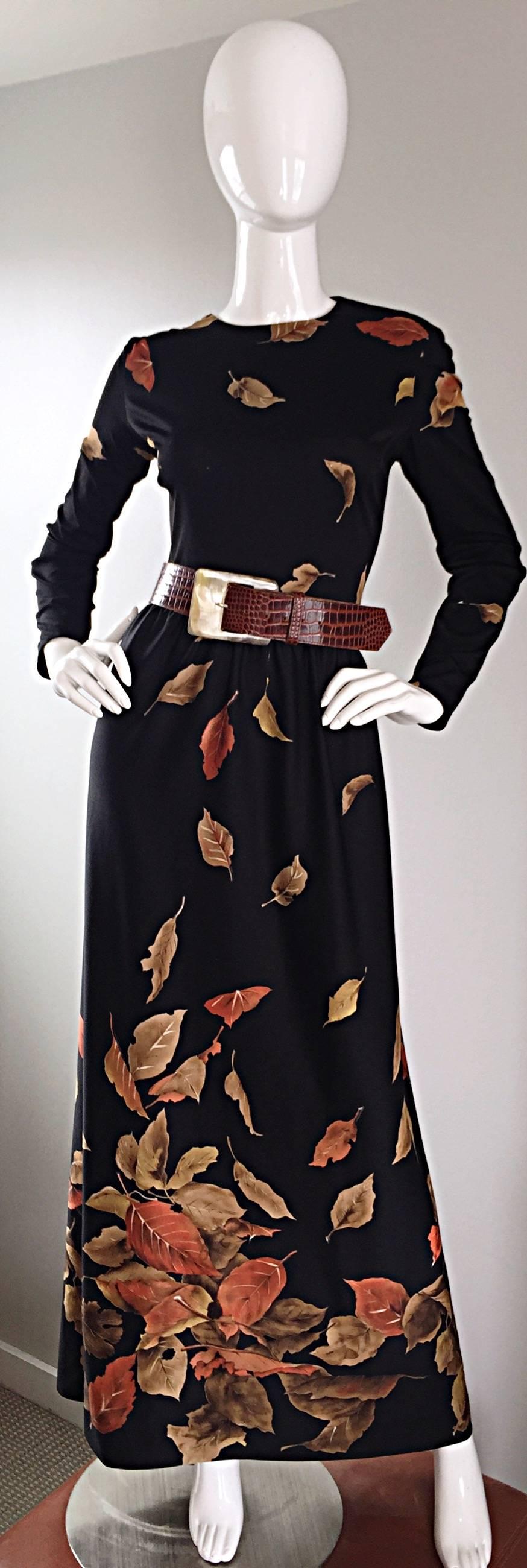 Vintage Yves Jenet 1970s Whimsical 3 D Leaf Printed Long Sleeve 70s Maxi Dress 4