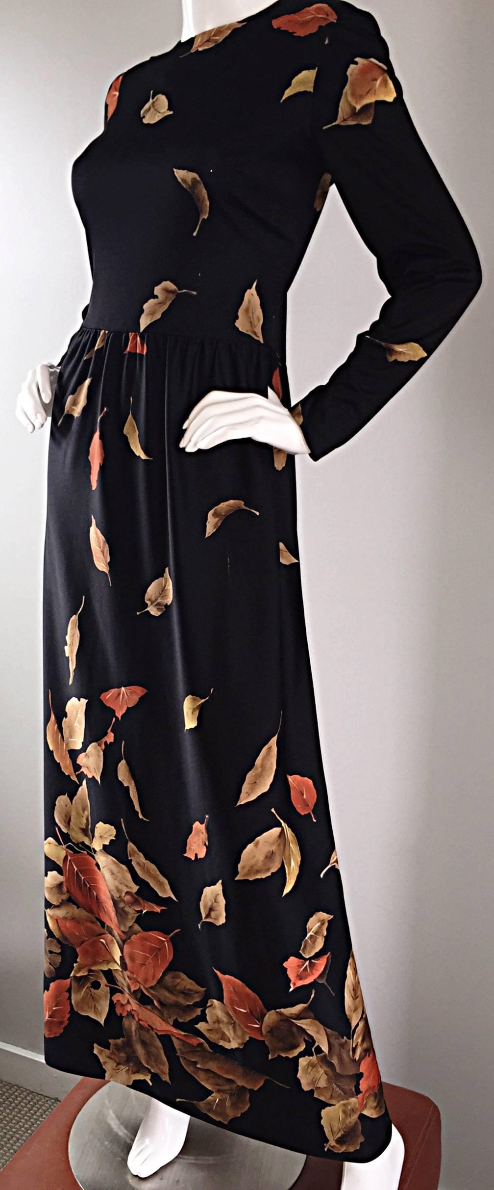 Vintage Yves Jenet 1970s Whimsical 3 D Leaf Printed Long Sleeve 70s Maxi Dress 2