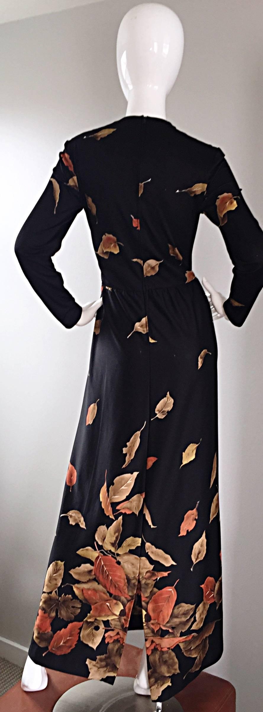 Women's Vintage Yves Jenet 1970s Whimsical 3 D Leaf Printed Long Sleeve 70s Maxi Dress