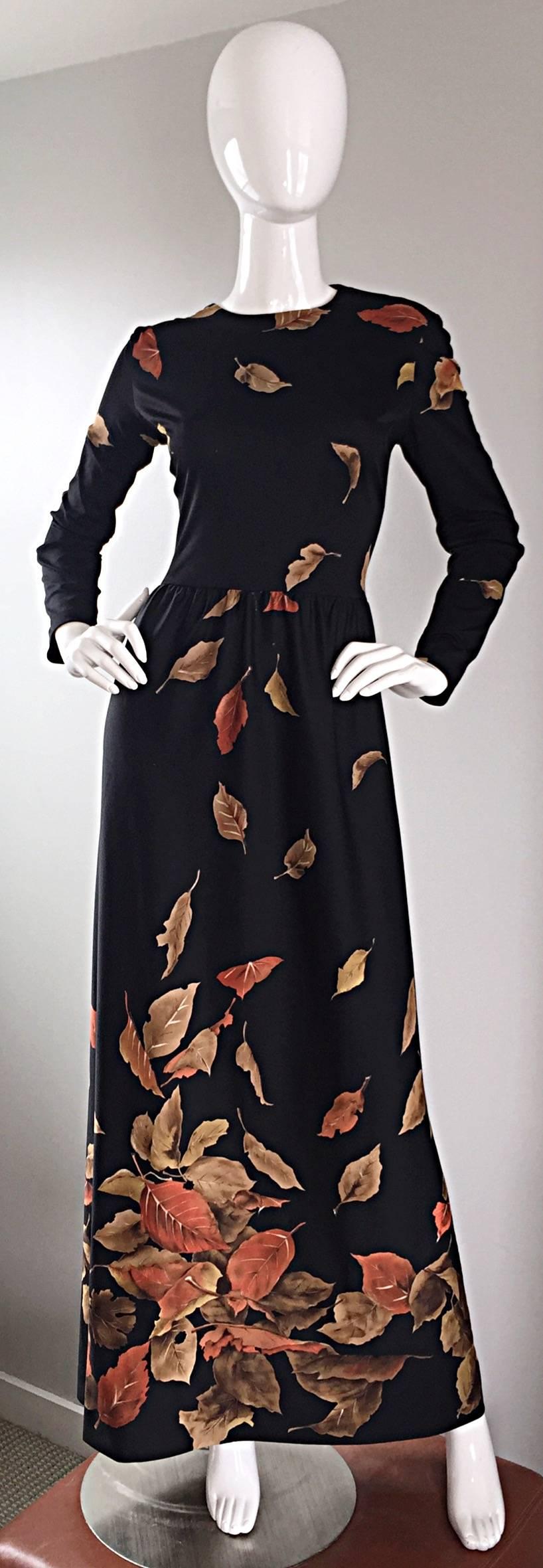 Vintage Yves Jenet 1970s Whimsical 3 D Leaf Printed Long Sleeve 70s Maxi Dress 6