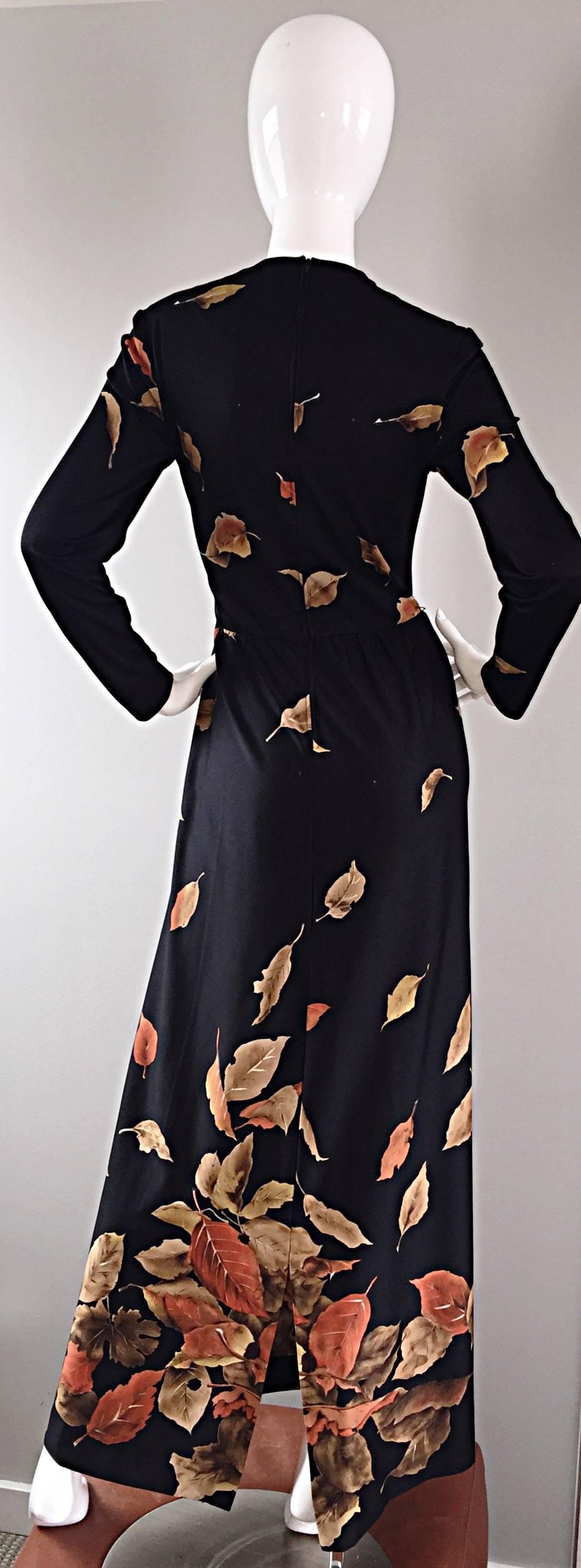 Vintage Yves Jenet 1970s Whimsical 3 D Leaf Printed Long Sleeve 70s Maxi Dress 5