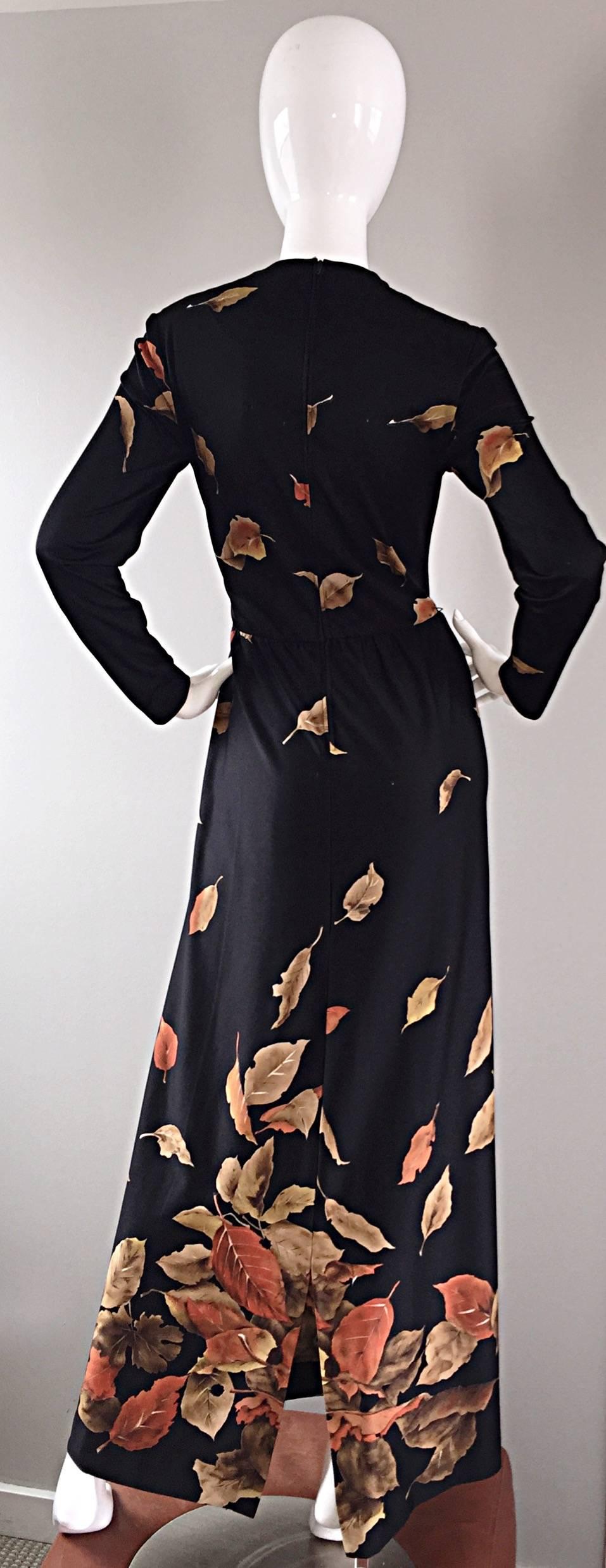 Vintage Yves Jenet 1970s Whimsical 3 D Leaf Printed Long Sleeve 70s Maxi Dress 3