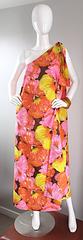 Incredible Vintage 1960s 60s One Shoulder Tropical Cotton Caftan Maxi Dress