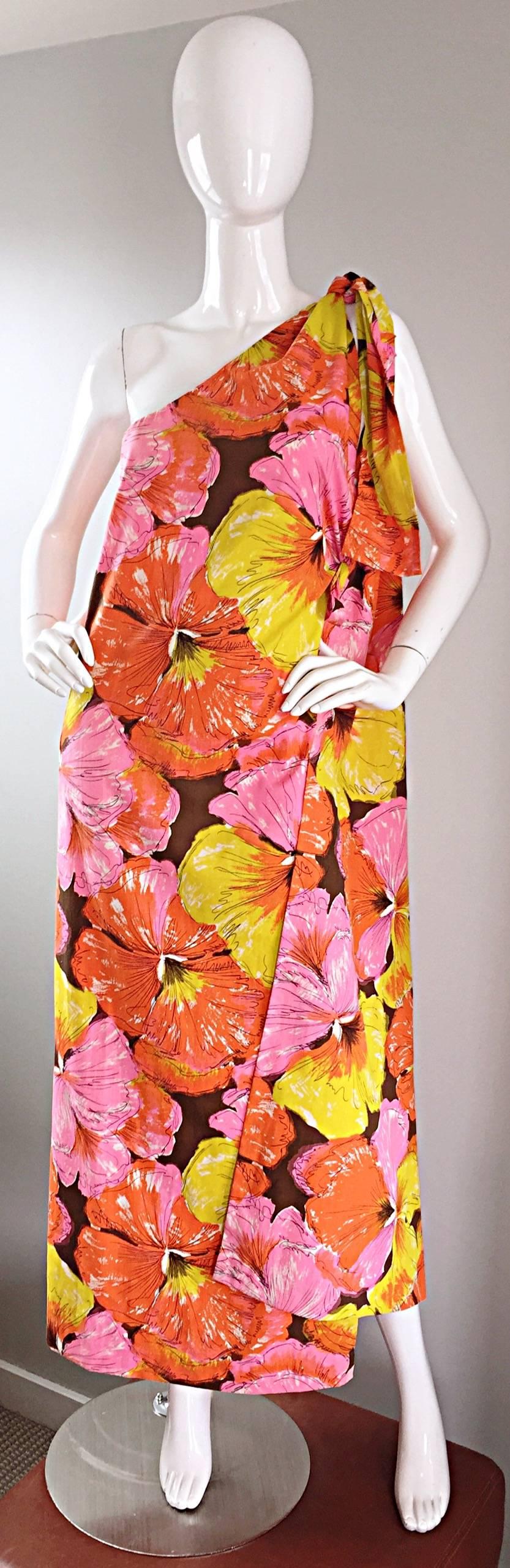 Orange Incredible Vintage 1960s 60s One Shoulder Tropical Cotton Caftan Maxi Dress