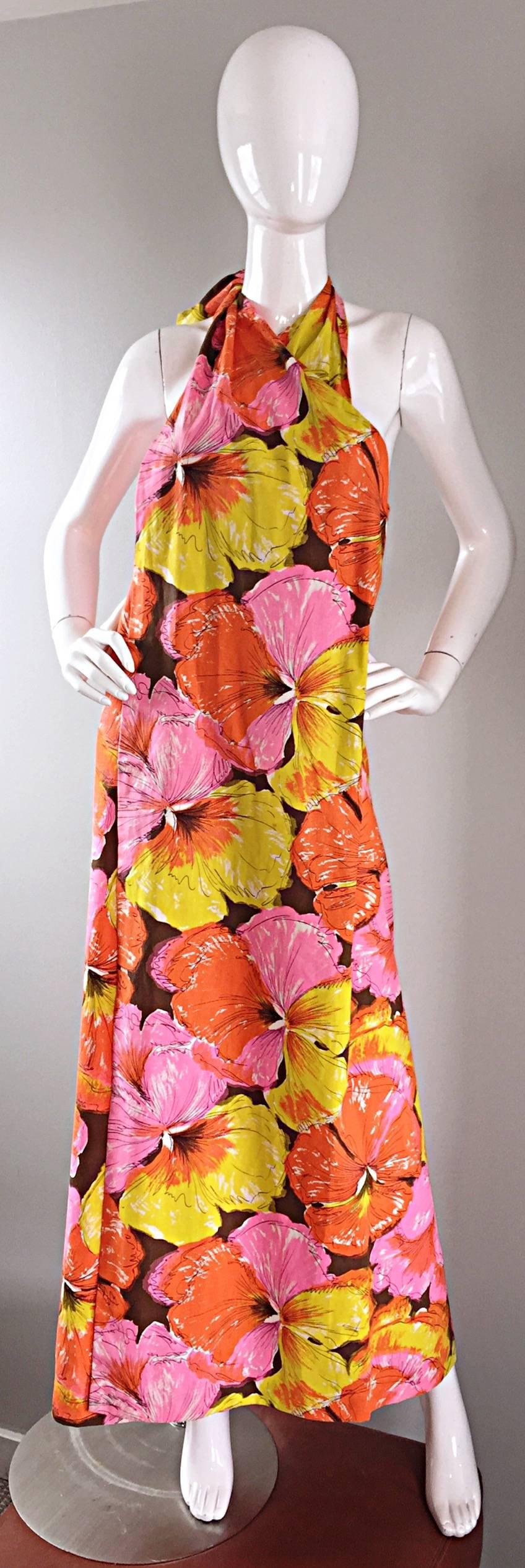 Incredible Vintage 1960s 60s One Shoulder Tropical Cotton Caftan Maxi Dress In Excellent Condition In San Diego, CA