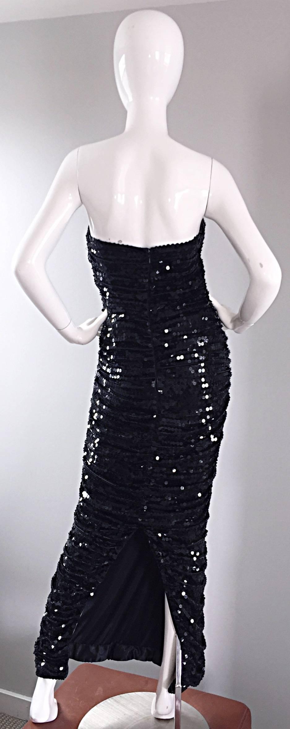 Vintage Oleg Cassini Black Sequined Strapless Ruched Full Length Evening Gown  In Excellent Condition In San Diego, CA
