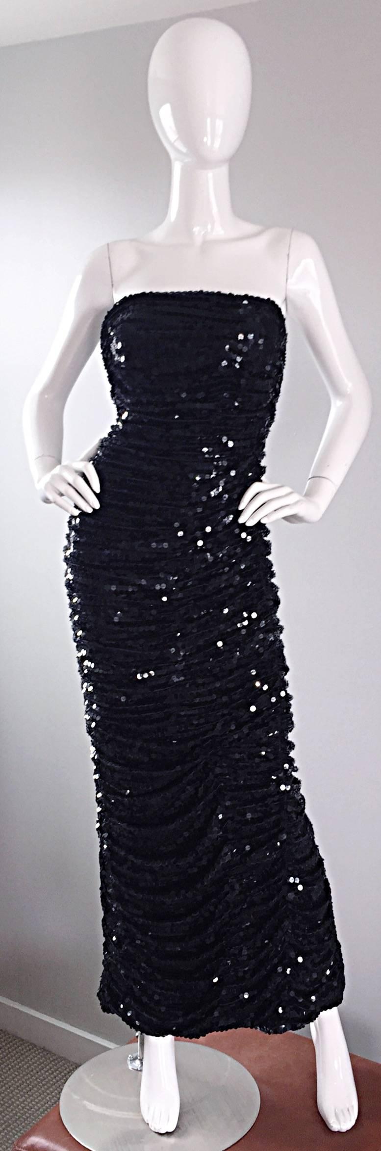Vintage Oleg Cassini Black Sequined Strapless Ruched Full Length Evening Gown  6