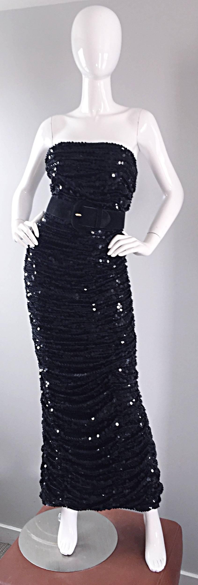 Vintage Oleg Cassini Black Sequined Strapless Ruched Full Length Evening Gown  4