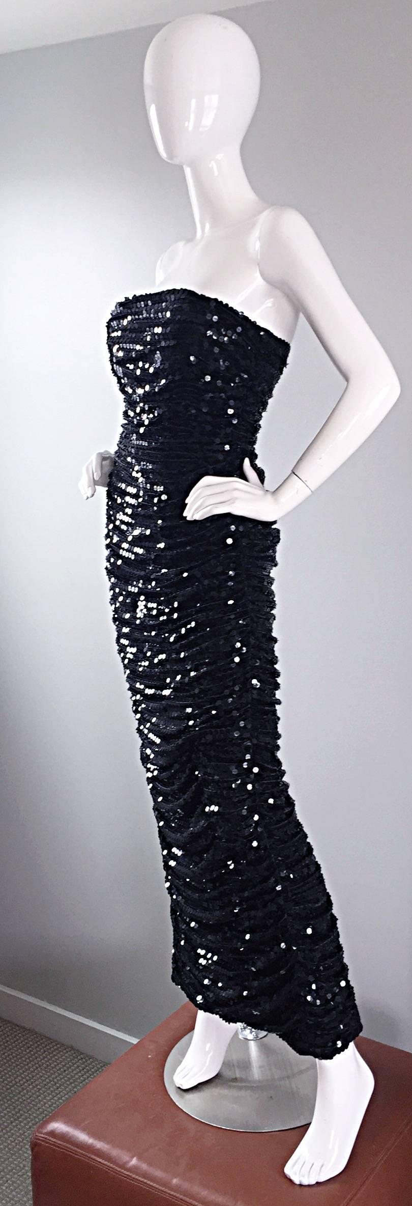 Women's Vintage Oleg Cassini Black Sequined Strapless Ruched Full Length Evening Gown 