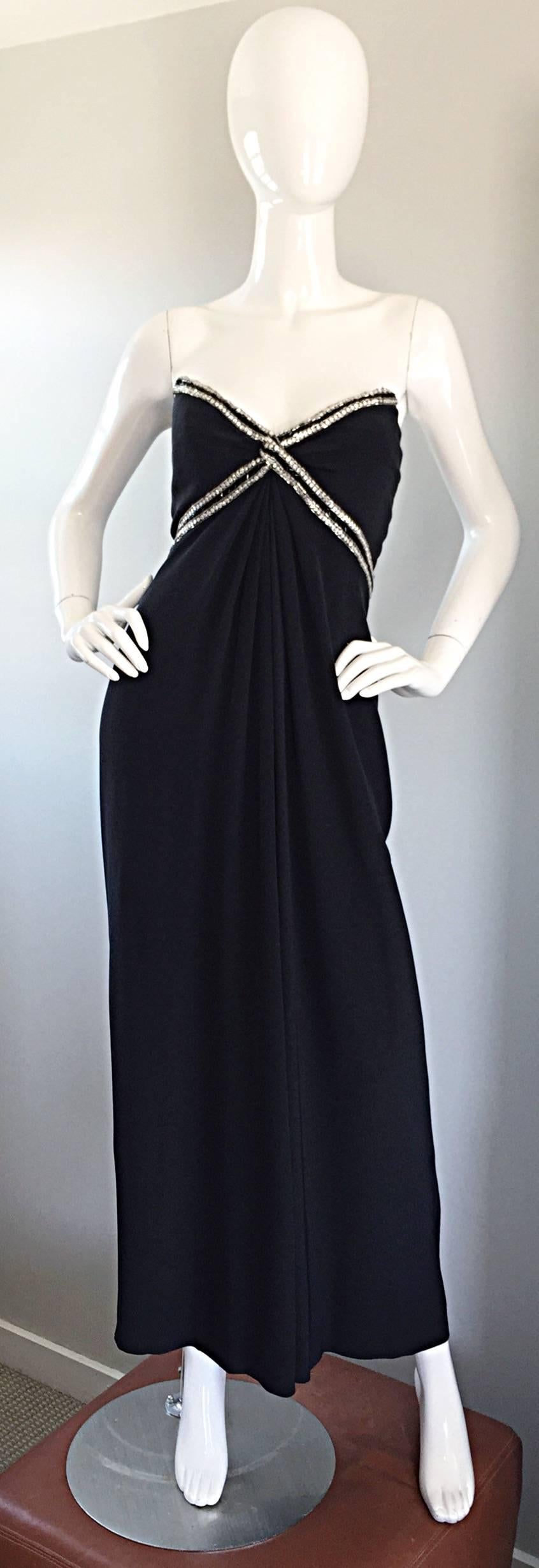 Gorgeous Vintage Bob Mackie for Amen Wardy Black Jersey Rhinestone Grecian Gown For Sale 2