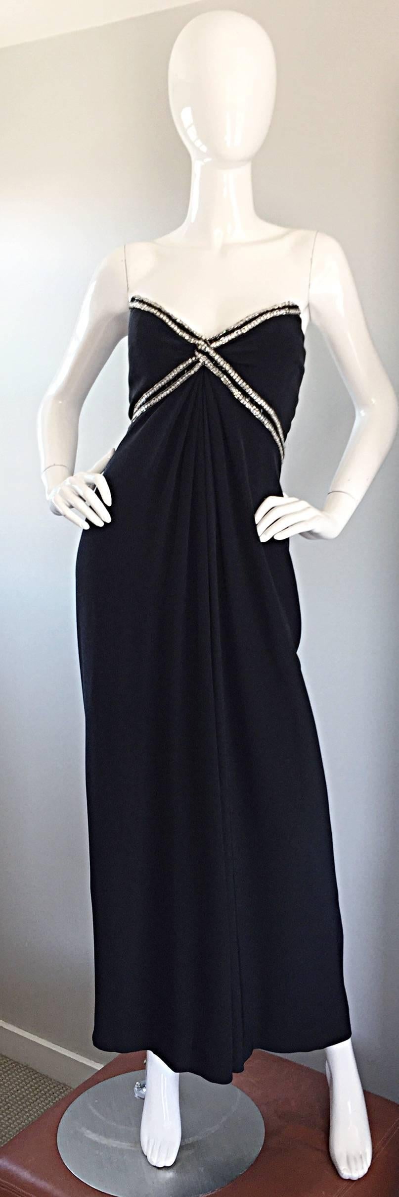 Simply stunning vintage BOB MACKIE for AMEN WARDY black strapless full length silk jersey gown! Features hundreds of hand-sewn rhinestones along the bust and waist. Draping at the waist gives the dress a chic Grecian feel. Super flattering fit, with