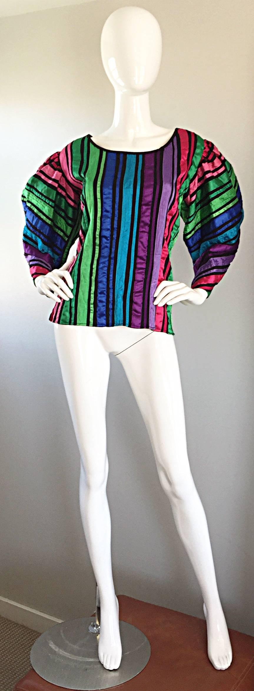 Fabulous vintage TACHI CASTILLO colorful rainbow striped cotton blouse! Castillo was a well-known Mexican designer specializing in cotton fabrics, and hand sewing each of her pieces. She had a cult following, and her creations were eventually sold
