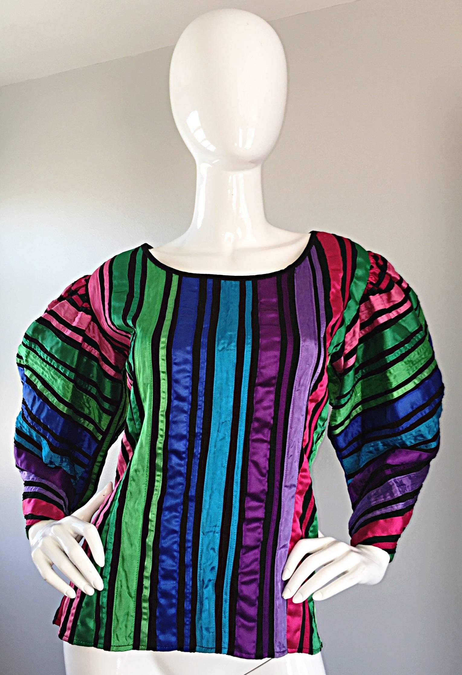 Black Tachi Castillo Vintage Mexican Colorful Rainbow Striped Cotton Avant Garde Top For Sale